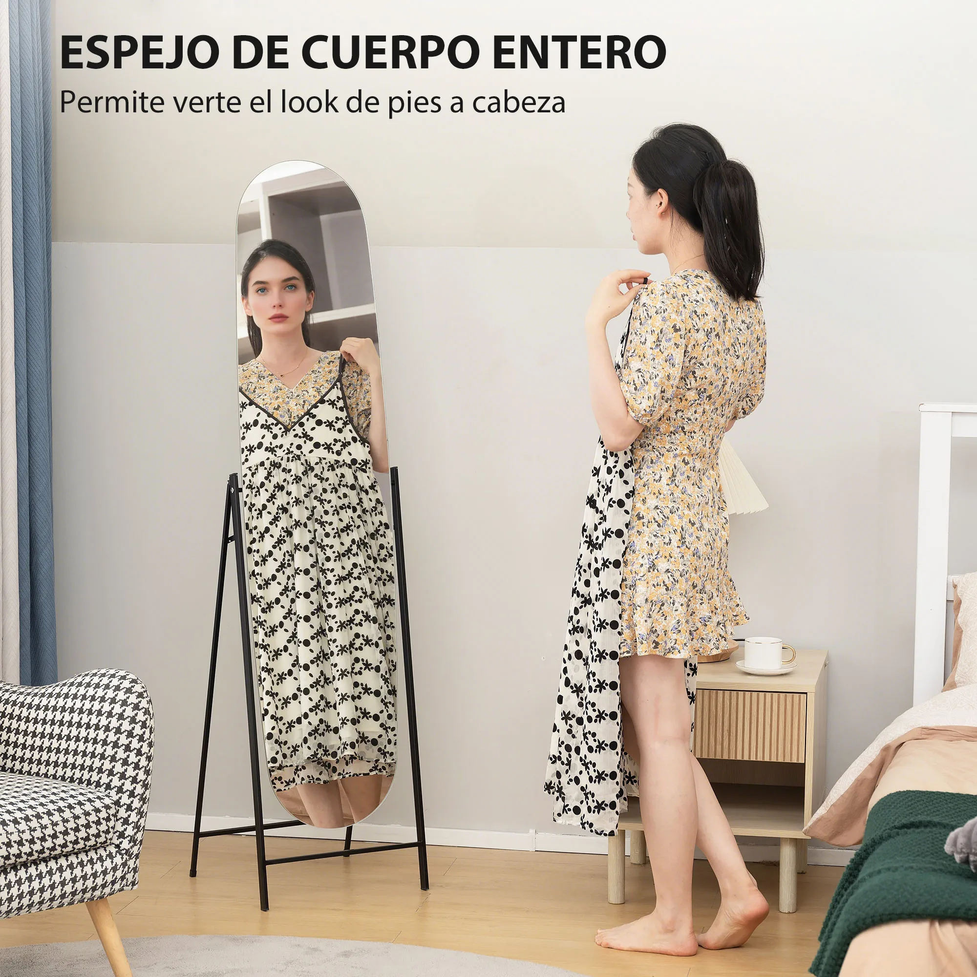 HOMCOM Espejo de Cuerpo Entero Arqueado 160x40 cm, Espejo de Pie o Apoyado en la Pared, sin Marco, Soporte de Metal, para Salón, Dormitorio, Vestidor y Entrada, Negro - imagen 4