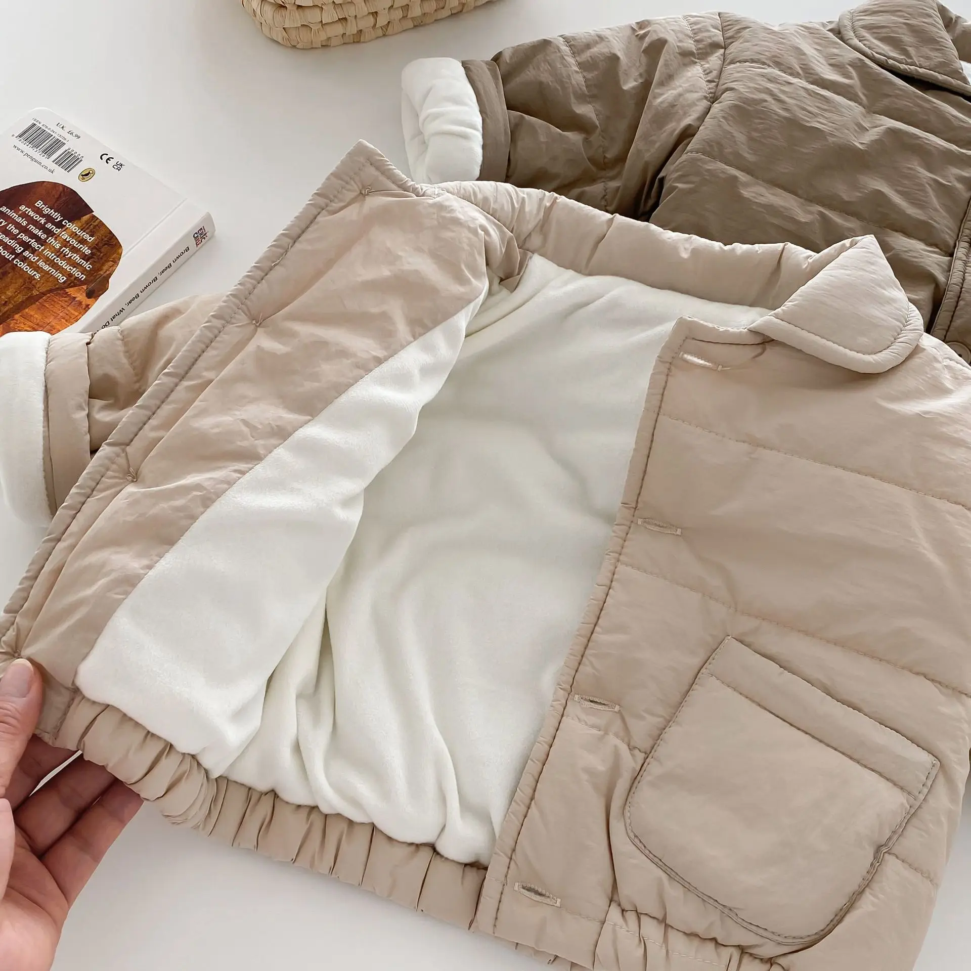 Milangel-Chaqueta de algodón de Color liso para Bebé y Niño, prendas de vestir con bolsillo Simple, abrigo cálido con forro de piel, ropa de invierno para niñas de 0 a 5 años - imagen 5