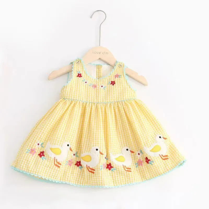 Vestido de bebé de 0 a 4T, sin mangas, tablero de ajedrez, bordado de animales, pato, conejito, Pastel, amarillo, rosa, bonito, delicado, informal, de verano, fácil de usar - imagen 2