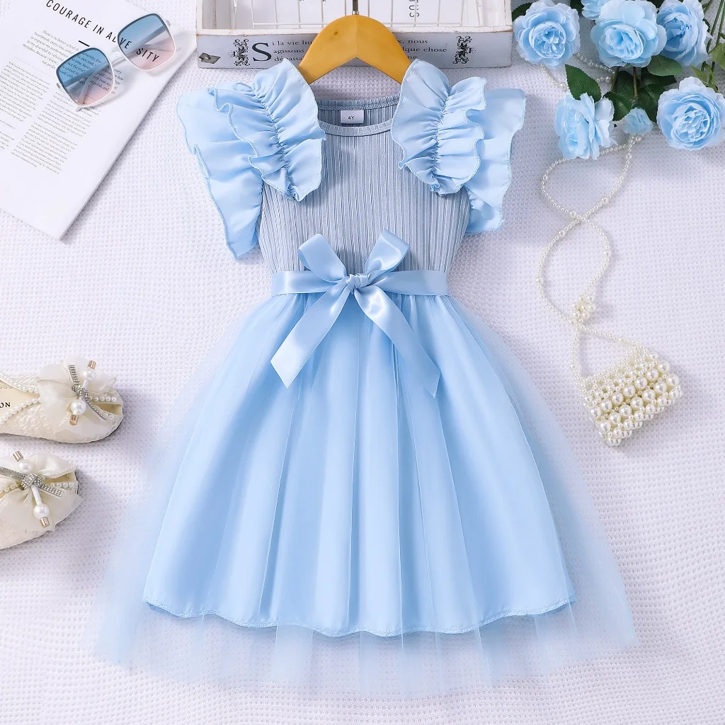 Vestido de malla para niña, vestido de verano de manga corta con cinturón y lazo, vestido de princesa bonito y dulce a la moda para fiesta de cumpleaños, vestido para niños de 3 4 5 6 7 años - imagen 4