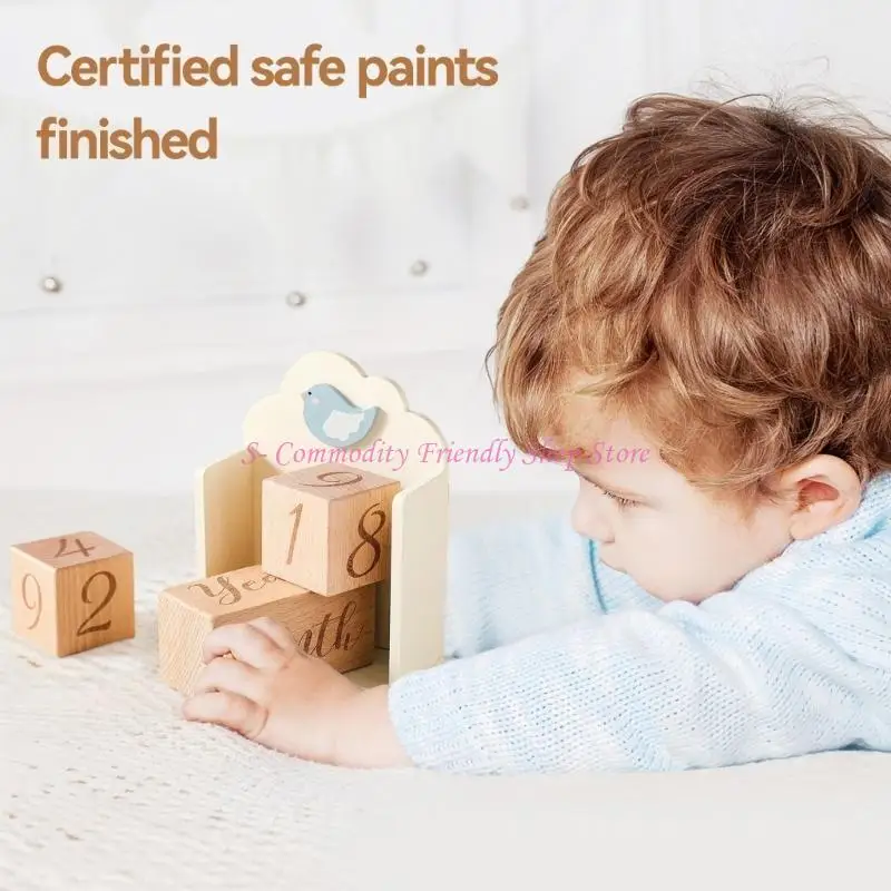 85AE bloques tarjetas madera para bebés, hitos mensuales, grabado cuadrado, tablero hitos cumpleaños para recién - imagen 4