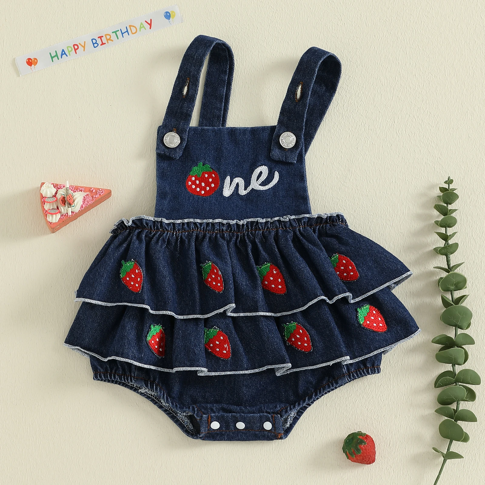 Mono de cumpleaños de mezclilla para niña de 0 a 18 meses, peleles escalonados con bordado de fresa sin mangas - imagen 3
