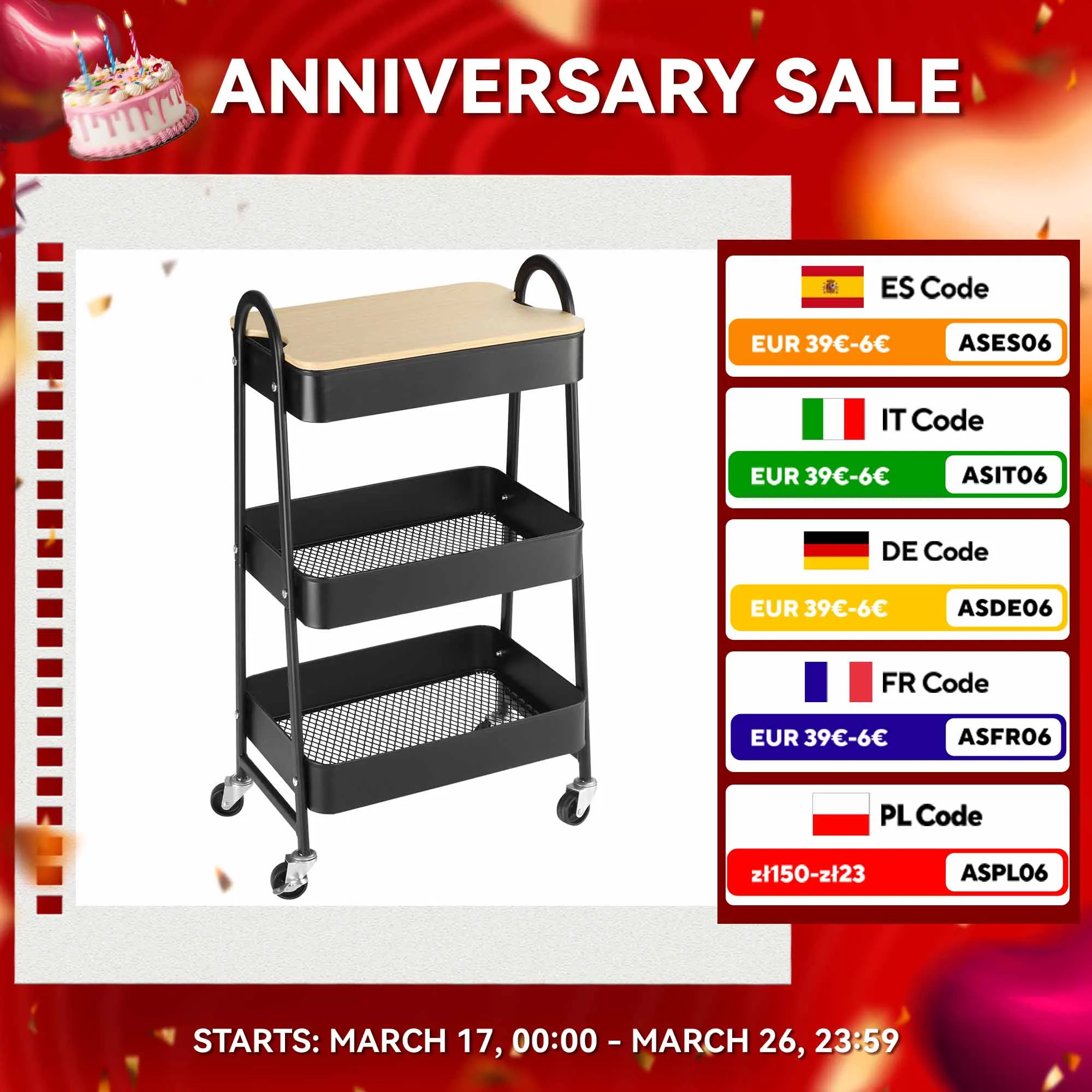 HOMCOM Carrito Auxiliar con Ruedas de 3 Niveles Carrito de Cocina con 3 Cestas de Acero y 1 Placa de Cubierta para Comedor Sala Baño 45x31x79,4 cm Negro