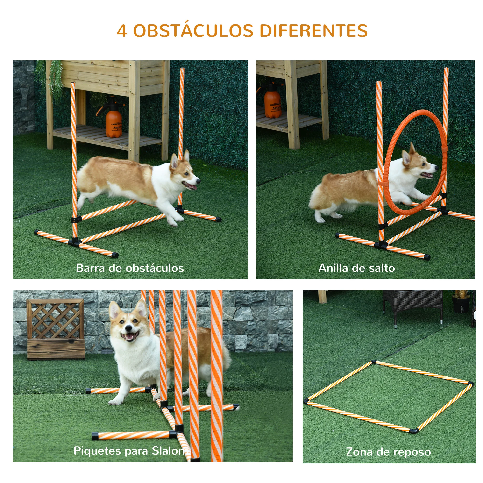 PawHut Set de Entrenamiento de Agilidad para Perros de 4 Piezas Juego de Agilidad para Perros con Piquetes para Slalom Zona de Reposo Valla y Anillo de Salto Naranja - imagen 4