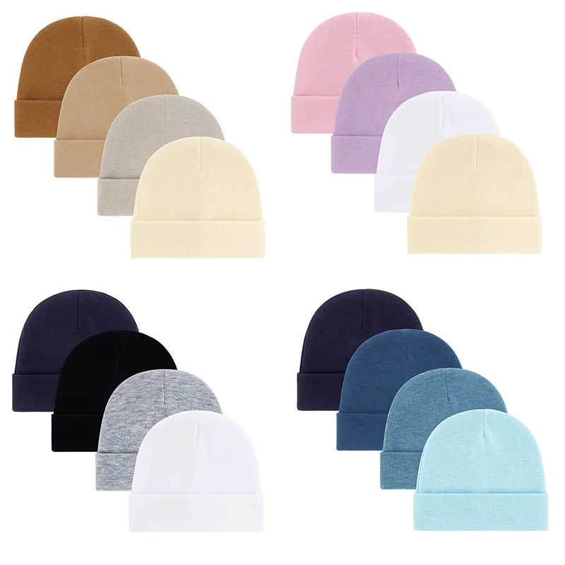 4 unids/lote gorro para recién nacido, gorros de algodón de Color sólido para niños y niñas, gorro para bebé para todas las estaciones, artículos tejidos suaves para recién nacidos
