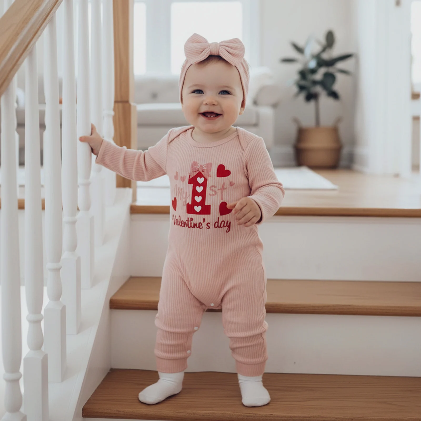 SUNSIOM Conjunto de trajes para el día de San Valentín para niña, mono de manga larga con estampado de corazón y diadema, ropa para recién nacido - imagen 3