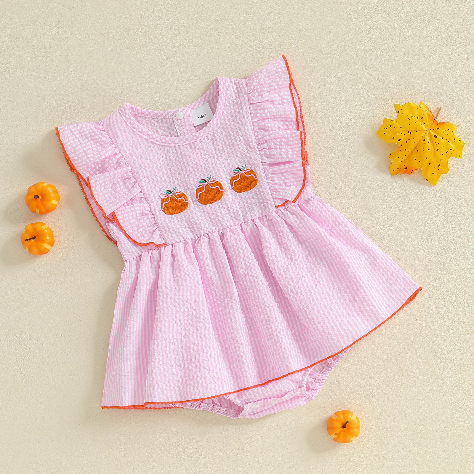 Pelele de Halloween para niña de 0 a 18 meses, vestido a rayas con bordado de calabaza, mono de manga voladora, ropa infantil bonita - imagen 4