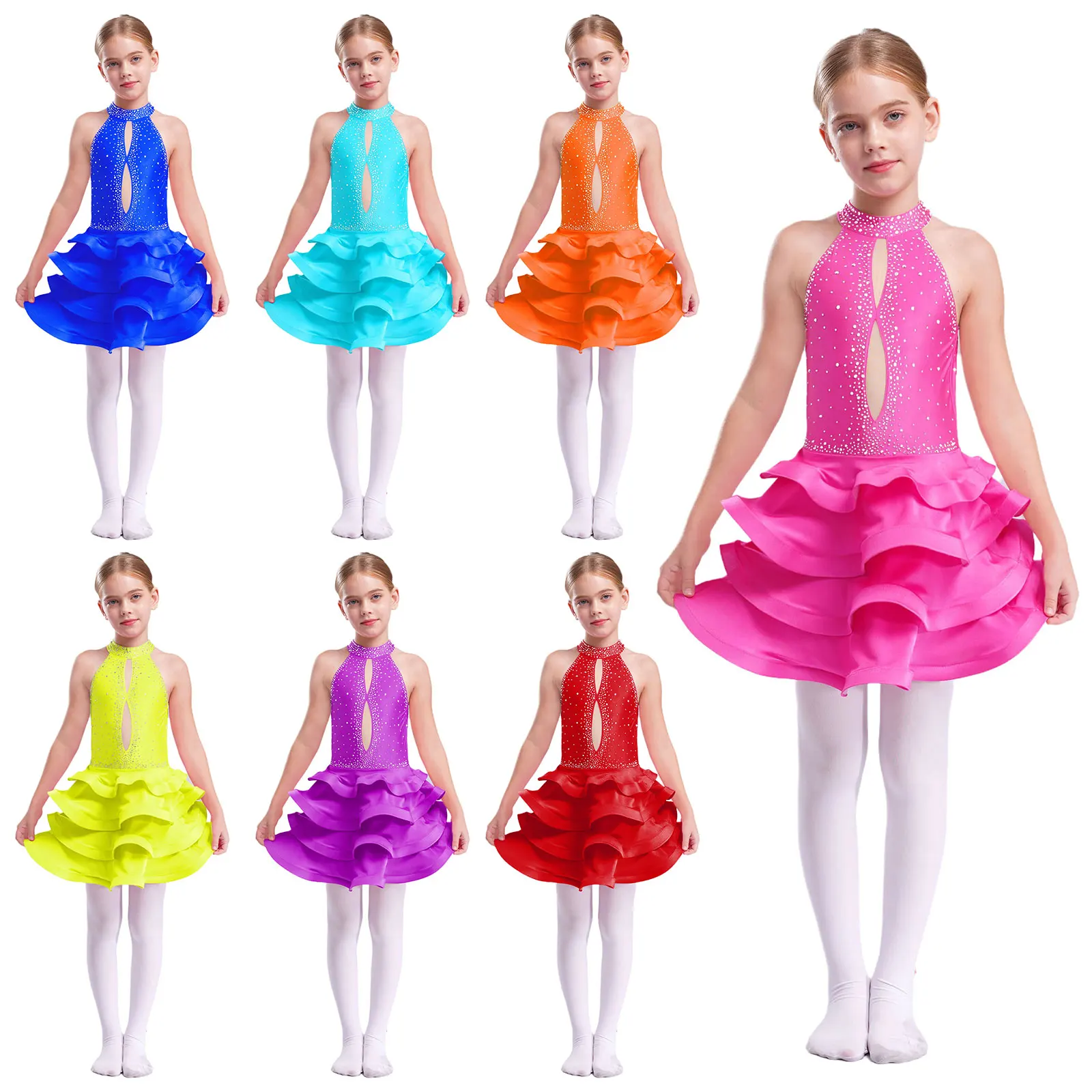 Vestido de baile de Jazz latino para niñas, disfraz de actuación sin mangas, Espalda descubierta, diamantes de imitación brillantes, vestido de tutú lírico de Ballet escalonado - imagen 2