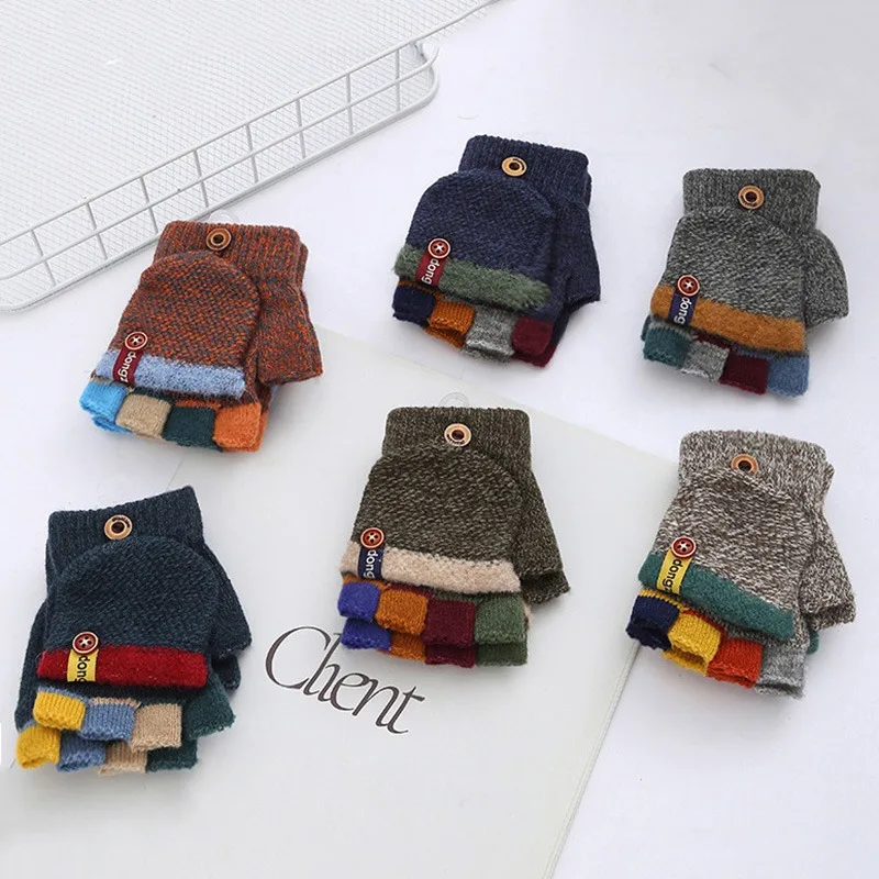 Nuevos guantes para niños con tapa de medio dedo, Color Jacquard a juego, guantes cálidos de otoño e invierno para niños, guantes para escribir para estudiantes y bebés