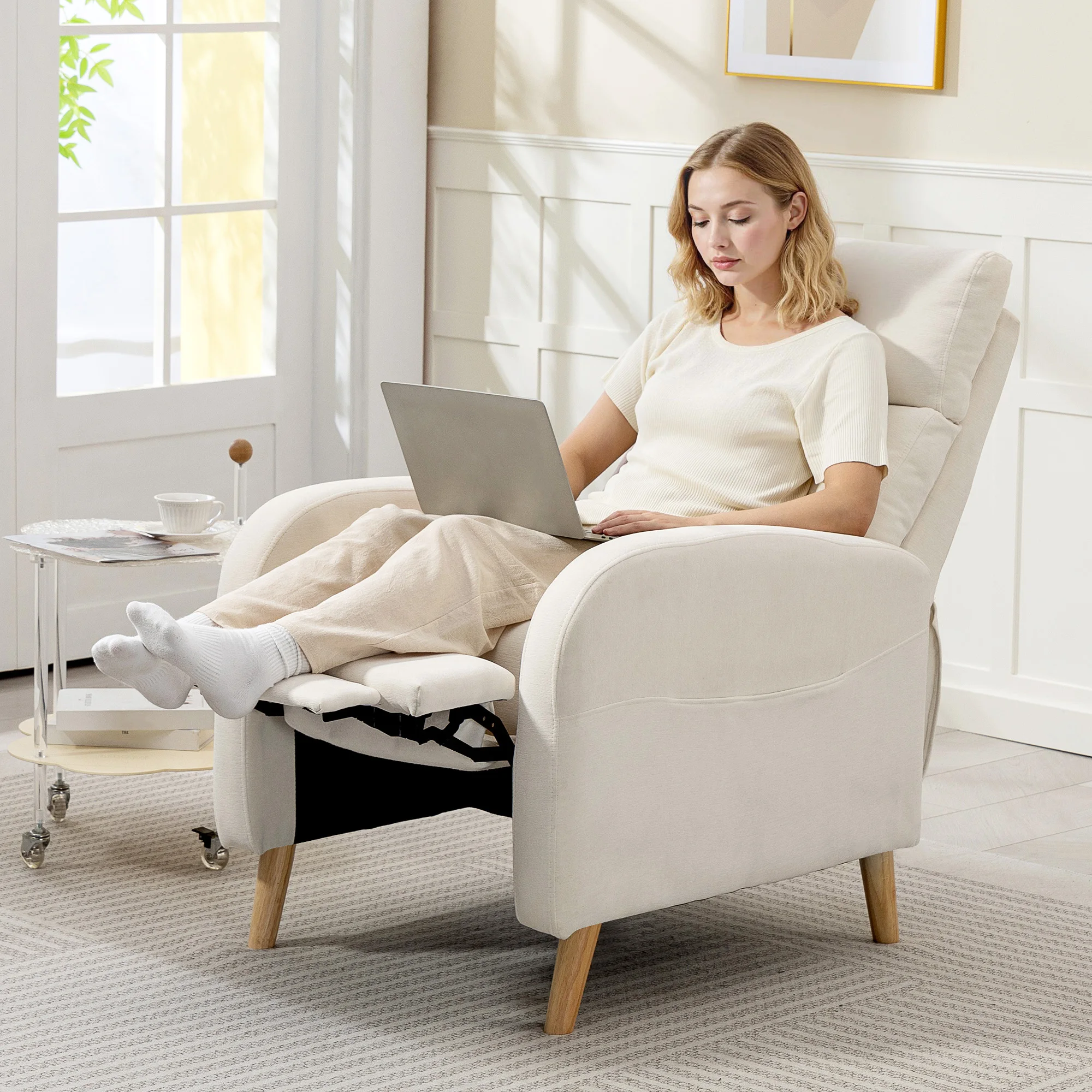 HOMCOM Sillón Relax Reclinable Manual Sillón Relax Tapizado en Lino Sintético con Reposapiés y Bolsillo Lateral Carga 135 kg Sillón Reclinable para Dormitorio Oficina Crema - imagen 2