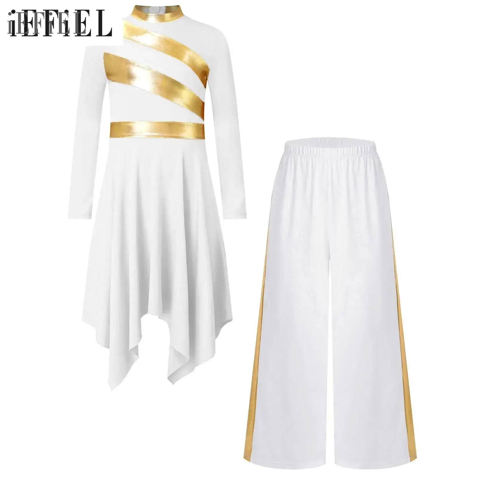 Conjuntos de baile de adoración de alabanza para niñas, disfraces de coro de iglesia, vestido de retazos metálico con dobladillo asimétrico de manga larga y pantalones