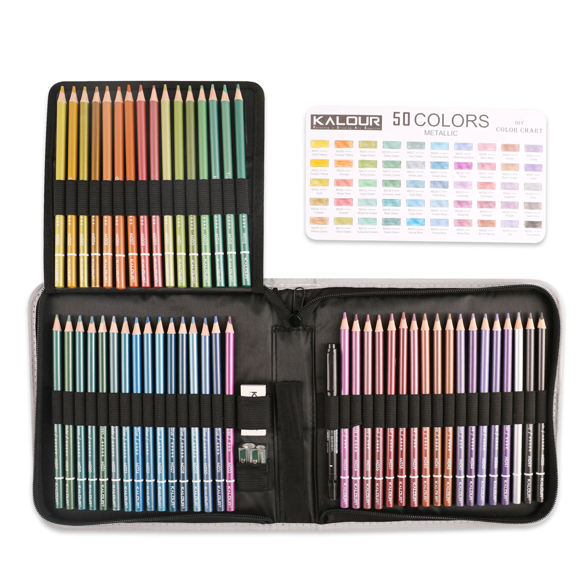 Lápices de colores KALOUR, suministros de arte para dibujar, colores vibrantes, núcleo suave, 54 Uds., 50 colores, lápiz de Color metálico en estuche de nailon con cremallera - imagen 2