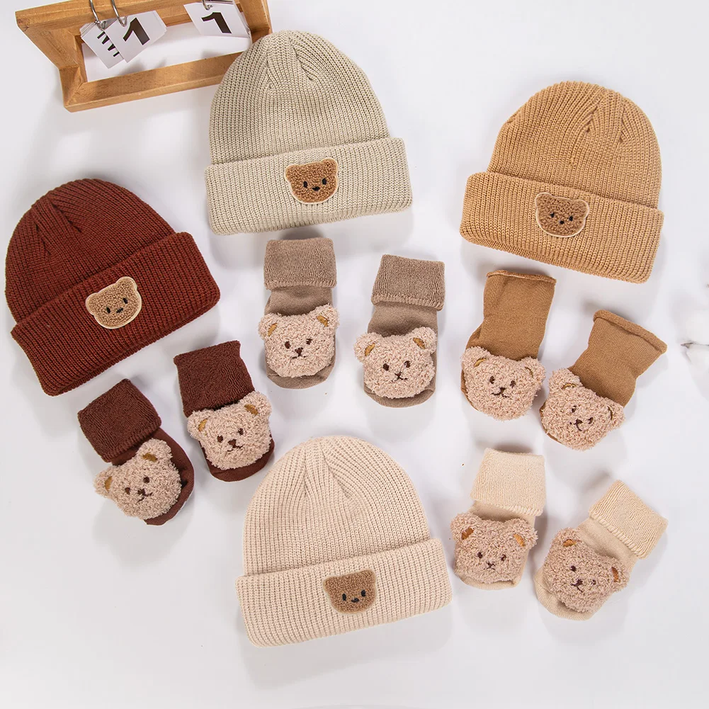 Gorros de punto liso y calcetines cortos gruesos de dibujos animados de oso, gorros de turbante para otoño e invierno, medias de 0 a 12M, 2 uds.