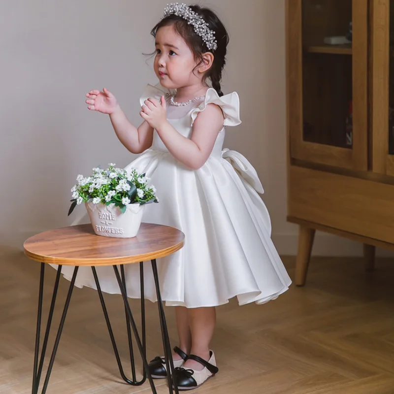Vestido de flores para niñas, vestido de satén blanco con mangas voladoras para niños, vestido Formal de princesa para niñas con flores, primera comunión para niñas - imagen 3