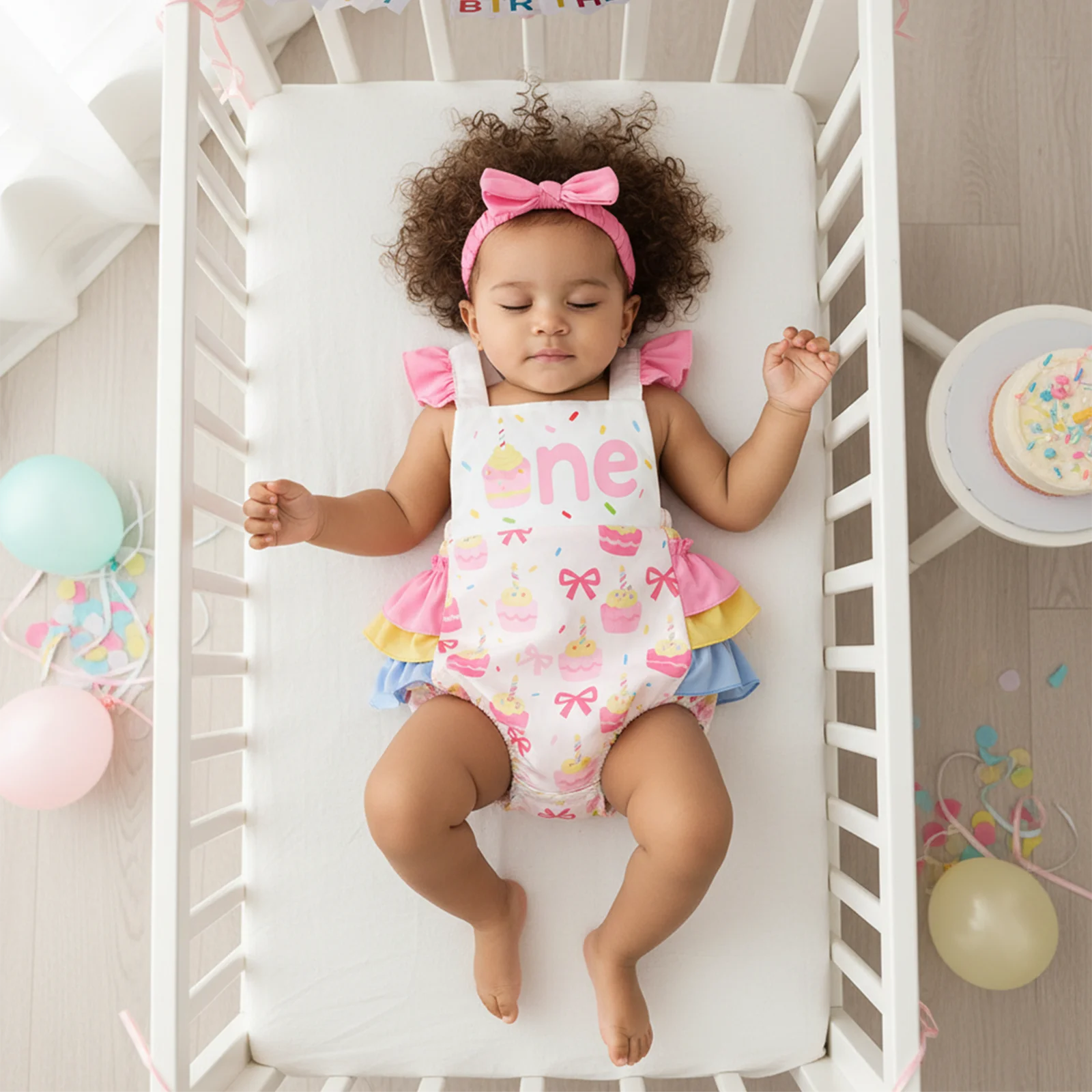 Suefunskry Mameluco de cumpleaños para bebé niña con manga voladora y cuello cuadrado con estampado de magdalenas y diadema con lazo - imagen 5