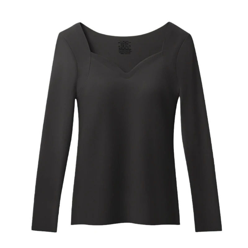 Top de capa base de manga larga cálido sin costuras para otoño-invierno para mujer - Ropa interior de cuello bajo ajustada con alfombrilla para el pecho de piel de belleza 3 en 1 - imagen 3