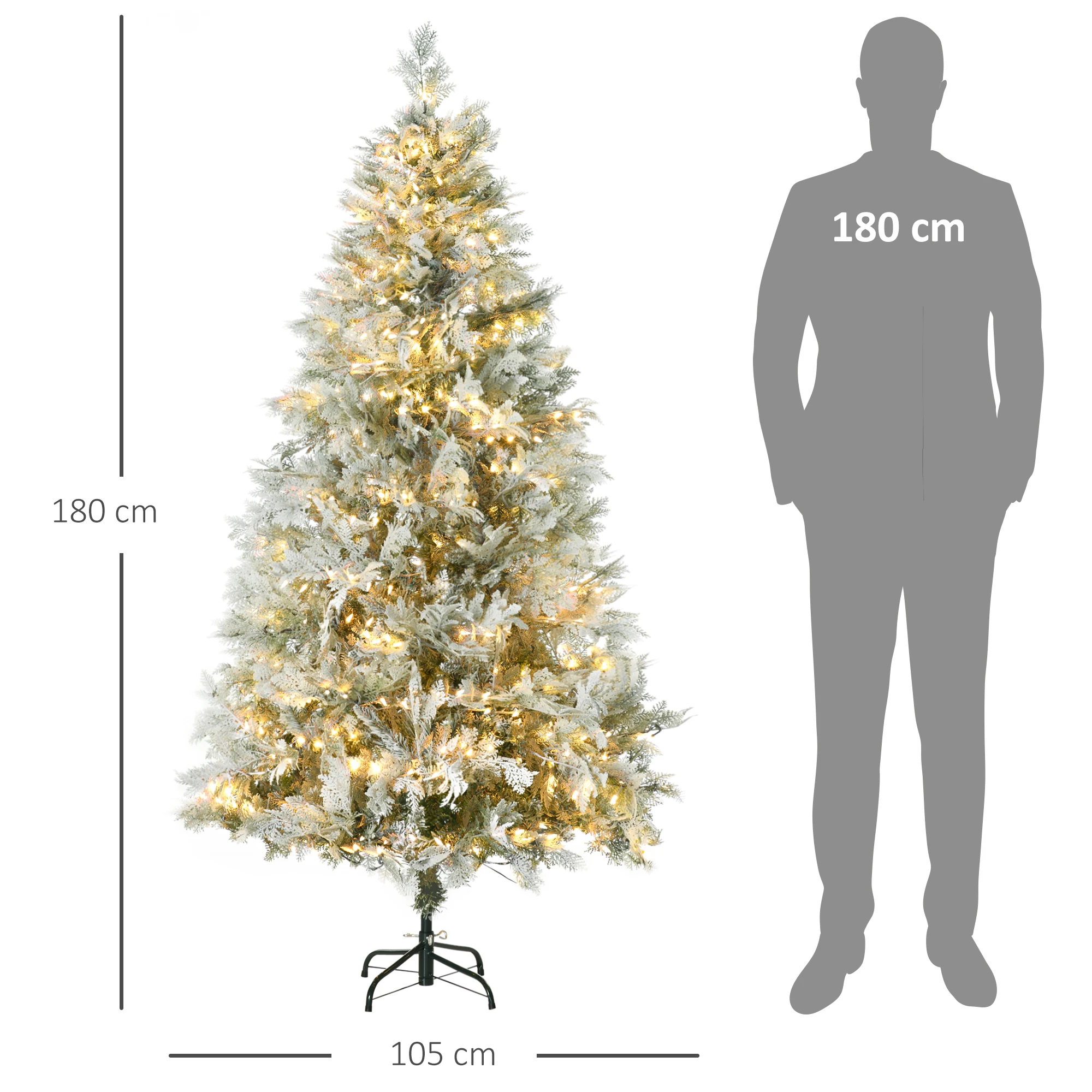 HOMCOM Árbol de Navidad Artificial 180 cm con 300 Luces LED Blancas Cálidas Árbol de Navidad Nevado con 577 Ramas Apertura Automática Base Plegable Decoración Navideña para Interior - imagen 3