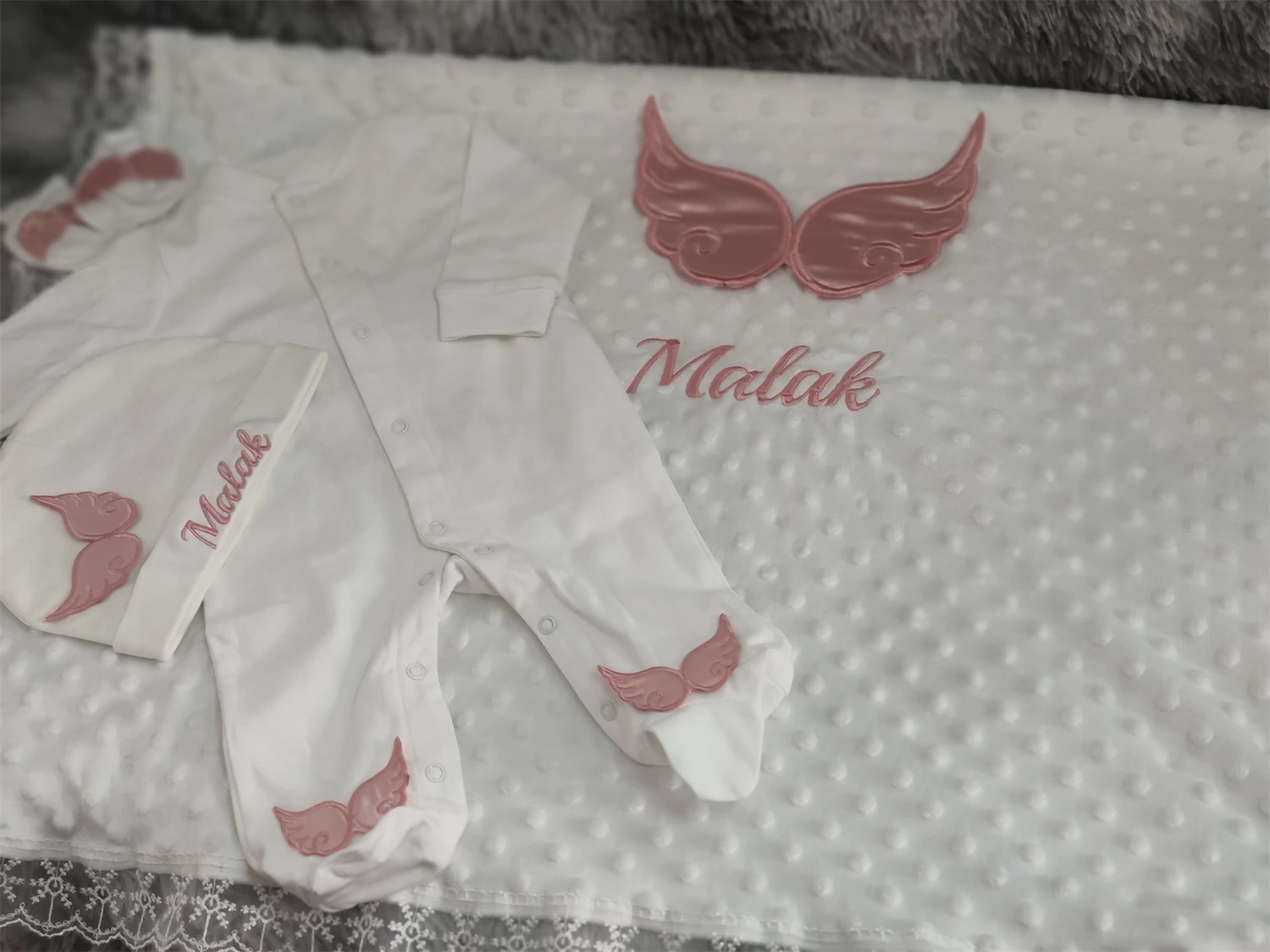 Dollbling salida de Hospital 5 uds bordado nombre recién nacido ángulo alas mameluco manta guardería ropa de cama Swaddle traje infantil hecho a mano - imagen 3