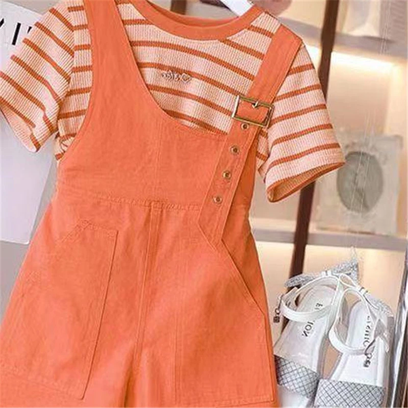 Conjunto de monos finos de verano para niñas, monos a la moda de Color sólido para niñas, pantalones cortos, monos informales que combinan con todo para niños - imagen 2