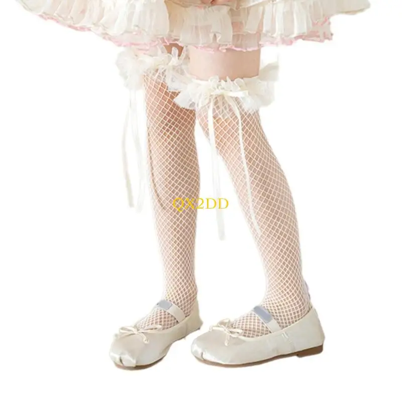 QX2D Calcetines dulces encaje delicado para niños con precioso ribete lazo hasta pantorrilla - imagen 3