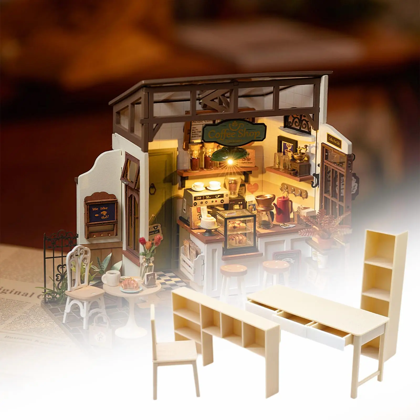 1:12 Scale Dollhouse Desk and Bookshelf Model ,Ornament ,Photography Props, Micro Scene Decor ,Miniature Furniture Decorative