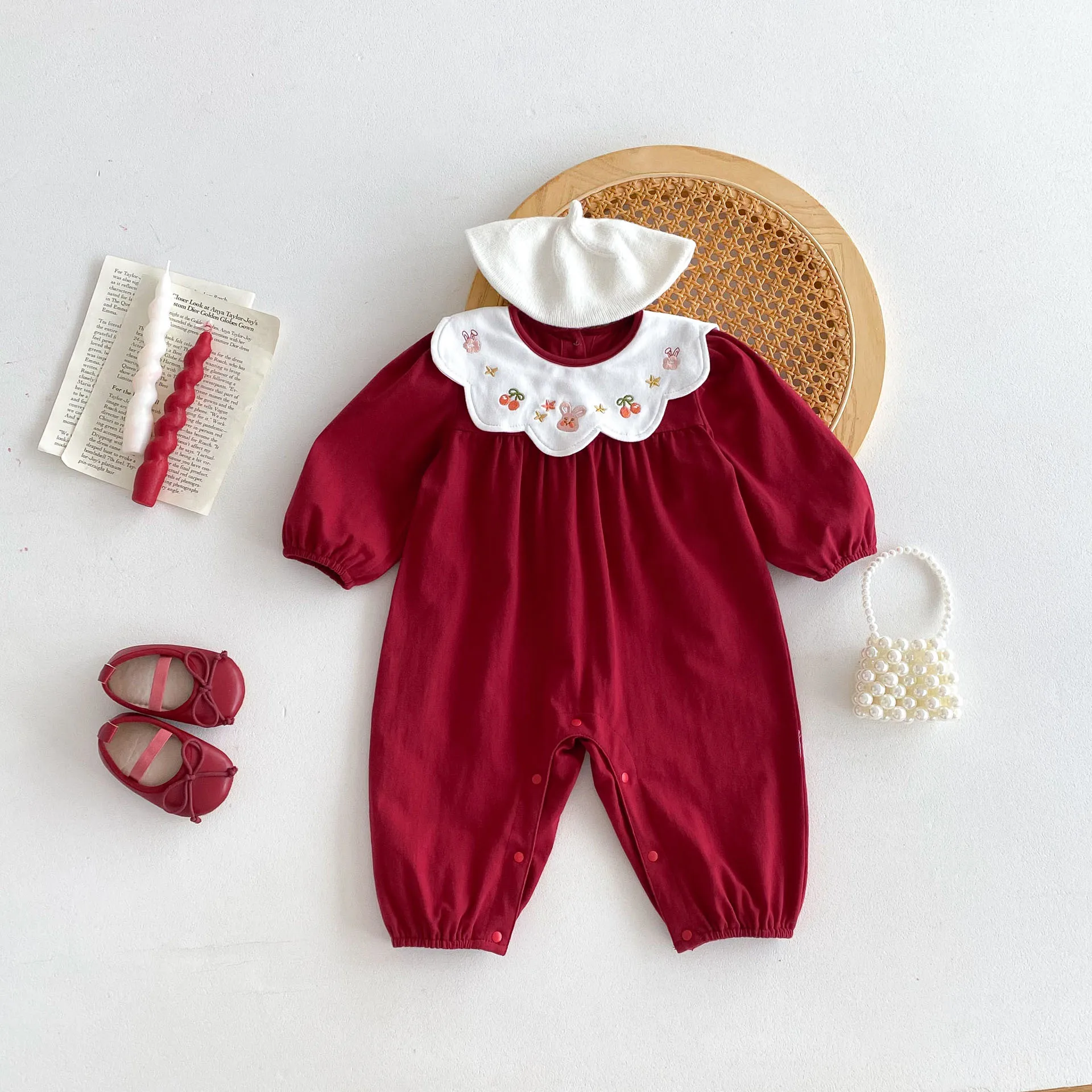 Ropa de Año Nuevo, disfraz de Navidad, pelele para niña pequeña, mono rojo de manga larga de algodón con conejo para bebé - imagen 2