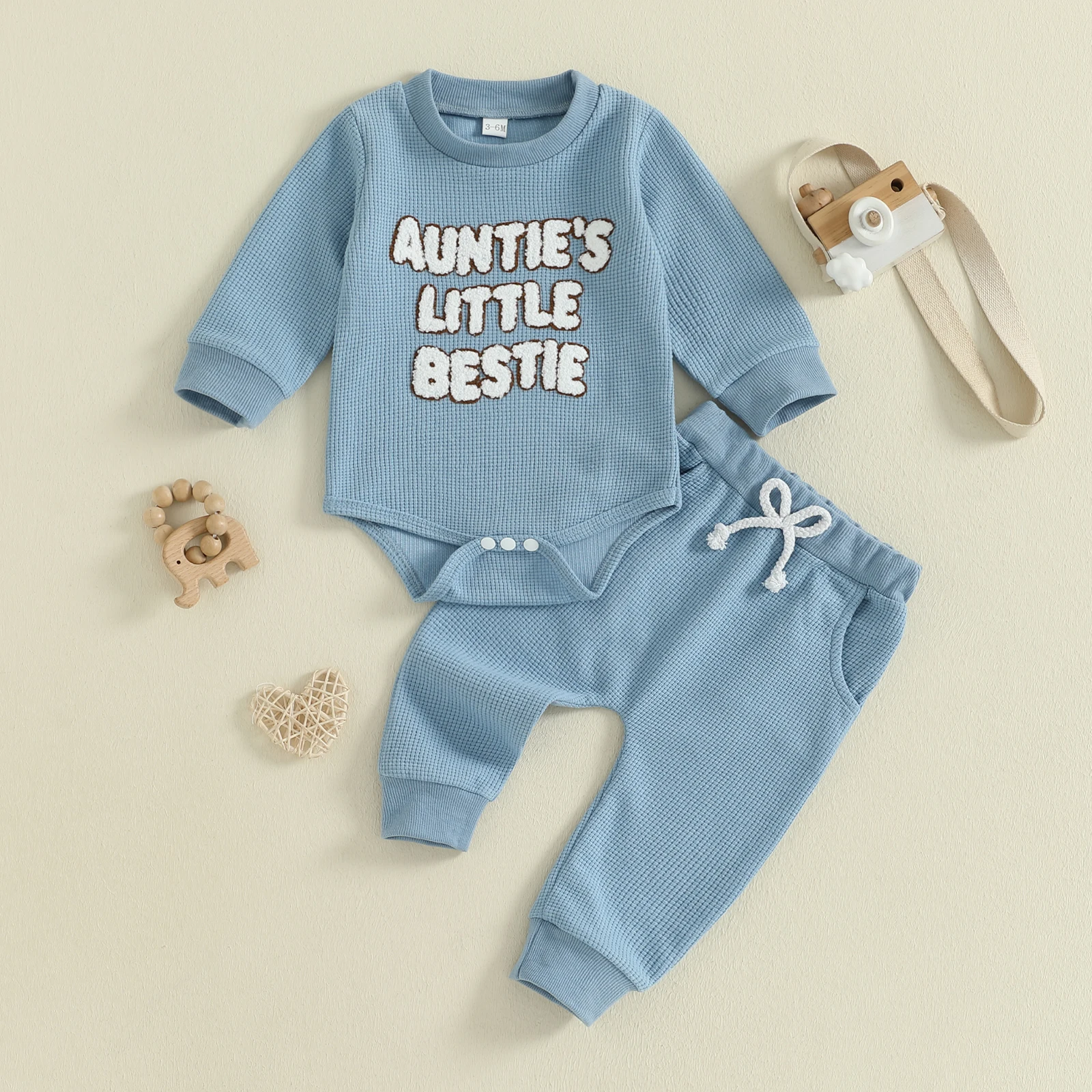 Suefunskry-Conjunto de trajes para bebé (niño o niña), pelele bordado con letras y cuello redondo de manga larga con cintura elástica, pantalones para correr, conjunto de otoño - imagen 2