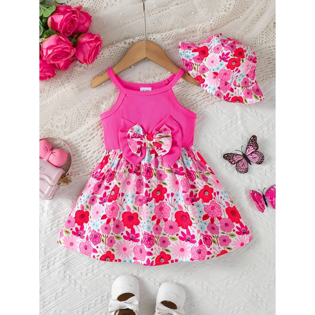 Vestido verano para niña sin mangas rosa con doble lazo y sombrero