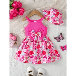 Vestido verano para niña sin mangas rosa con doble lazo y sombrero