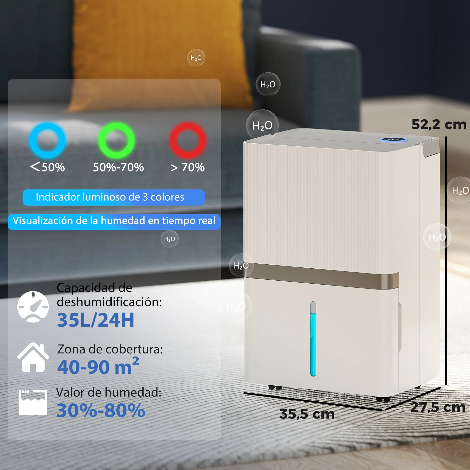 HOMCOM Deshumidificador 35L/Día, Deshumidificador de Humedad, para 40-90 ㎡, Luz Indicador de Humedad, Depósito 5,5 Litros, Drenaje Continuo, Temporizador 24H, Pantalla LED, Secado Ropa, Blanco - imagen 5