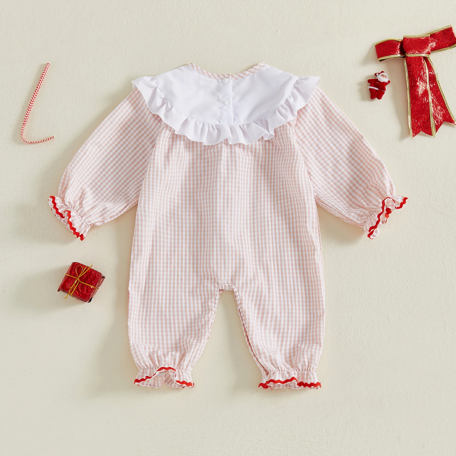 Pelele a cuadros para niñas de 0 a 18 meses, mono de burbujas de Navidad de manga larga con cuello redondo a la moda - imagen 2