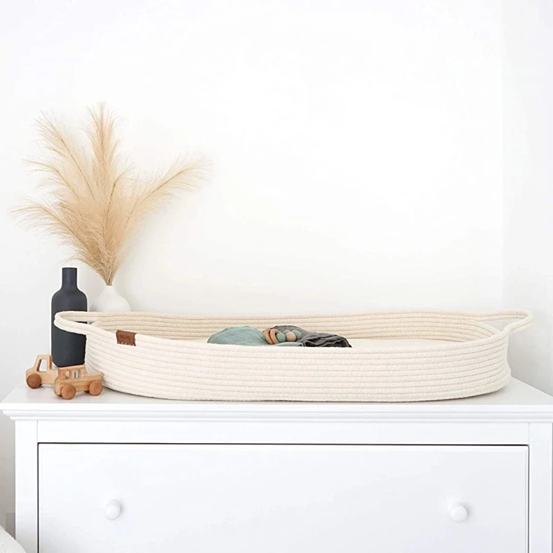 Cesta para cambiar pañales de bebé, cesta Moisés, cesta de cuerda de algodón y colchón de espuma, cambiador para guardería
