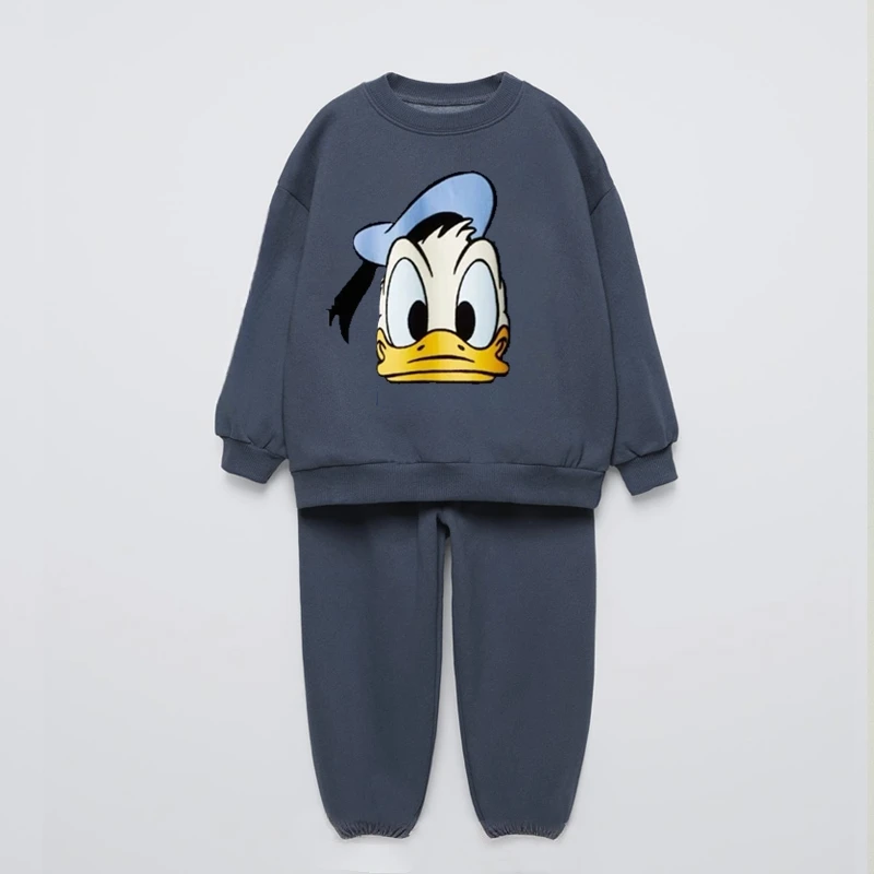 Disfraz de otoño de Disney, sudaderas con estampado de Pato Donald para niños y niñas, sudaderas con capucha encantadoras de nuevo estilo, pantalones de chándal, 2 unid/set, ropa exterior