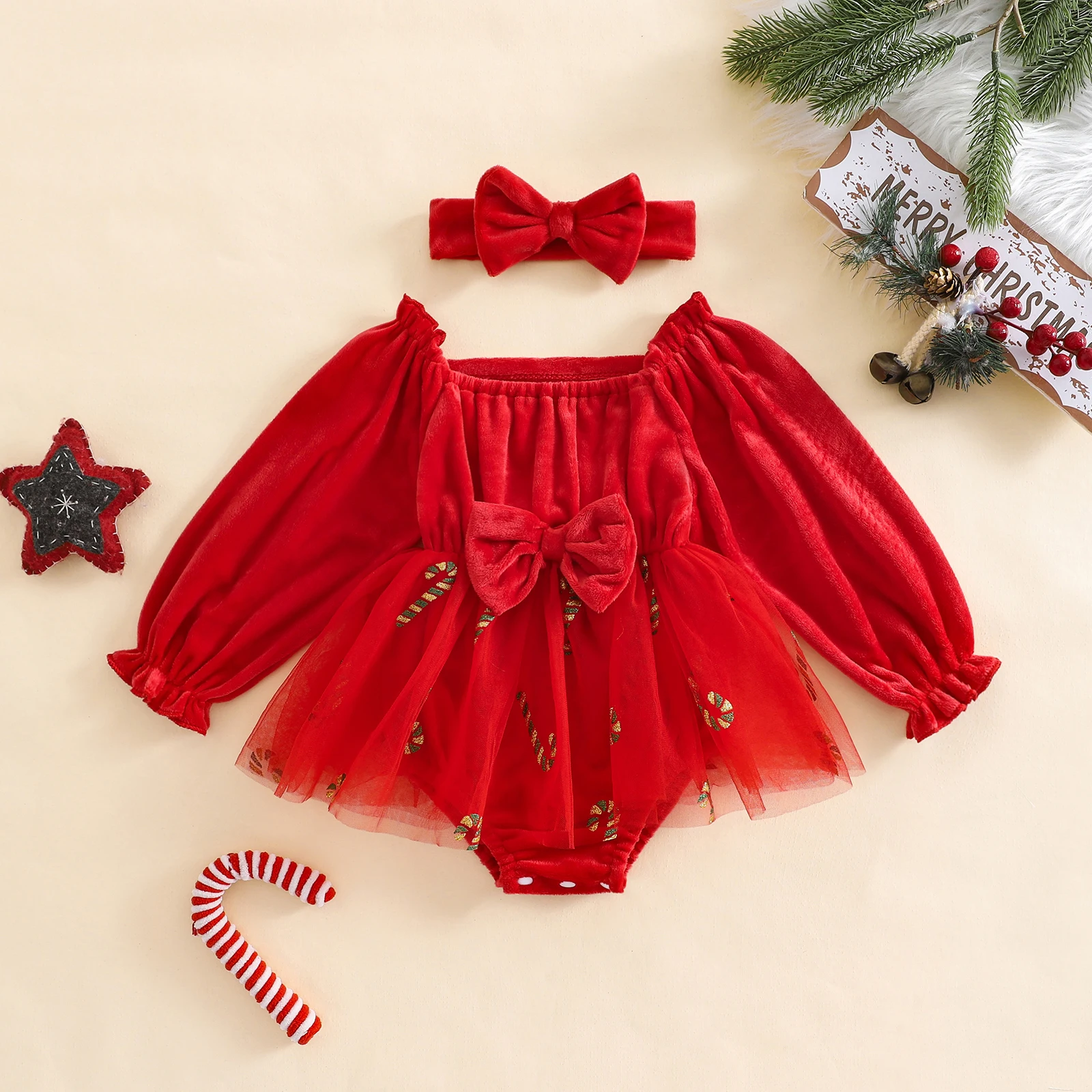 SUNSIOM, 2 uds., vestido mameluco para niñas, trajes de Navidad, falda de tul bordada con bastón de caramelo de manga larga con diadema, conjuntos de ropa
