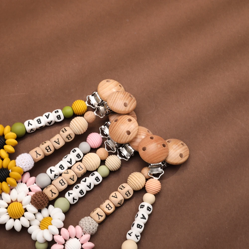Cadena de chupete de girasol hecha a mano para bebé, soporte para pezones, Clips, cadena de dentición de silicona para bebés, regalos para accesorios bonitos para bebé - imagen 2