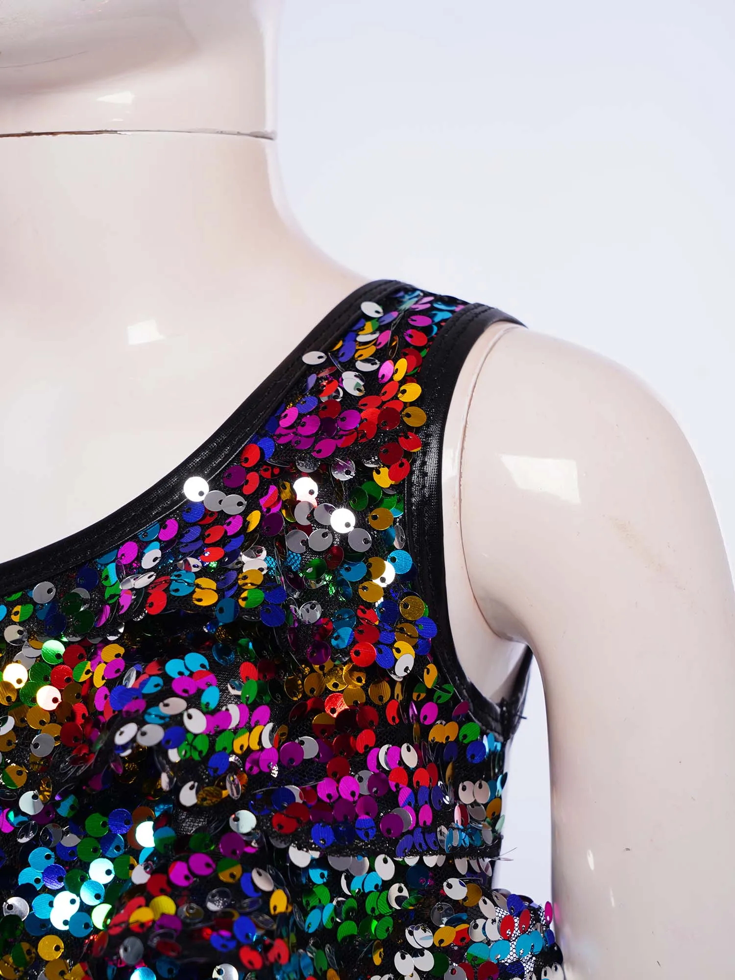 Tops cortos de lentejuelas para niñas, Top sin mangas con volantes escalonados y lentejuelas brillantes, ropa de baile de Jazz latino metálico - imagen 4