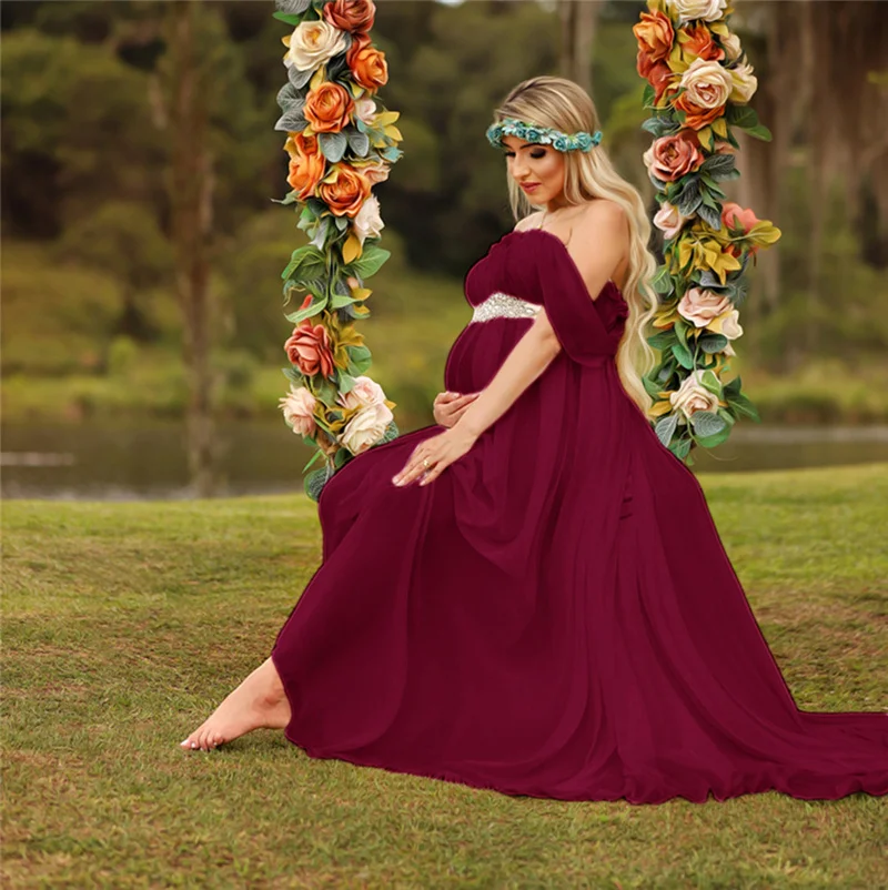 Vestido largo de gasa para maternidad sin tirantes - imagen 4
