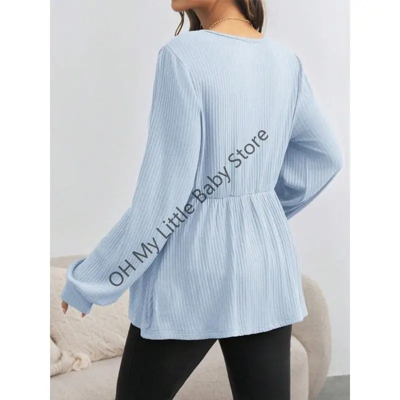 M76C Blusa elástica maternidad con cuello en V, camisa manga larga para embarazo, tela transpirable, diseño holgado para - imagen 5