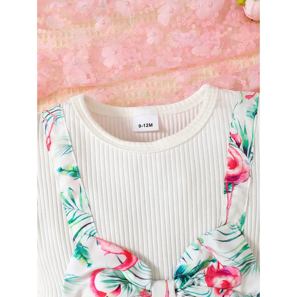 Vestido de verano para niña pequeña, 2 uds., manga corta, estampado de flamenco con lazo, diadema, ropa diaria para niña de 0 a 3 años - imagen 4