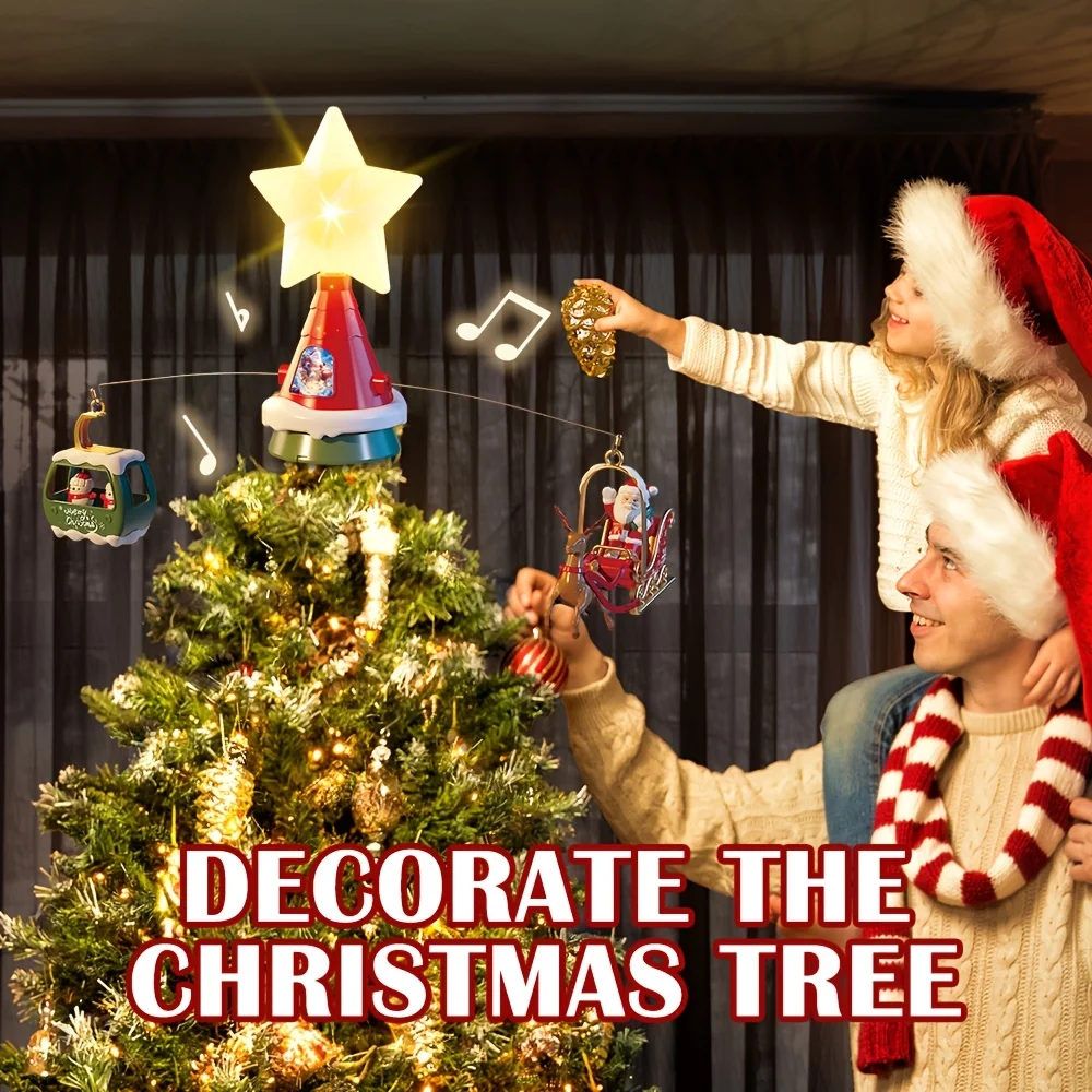 Carrusel giratorio para árbol de Navidad, adorno de estrella con luces LED y música, decoraciones para el hogar de Papá Noel, decoración navideña alimentada por USB - imagen 3