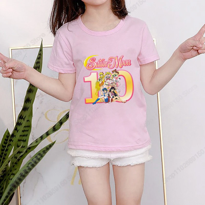 Camiseta con estampado de dibujos animados Sailor Moon para niño, Top de algodón de Anime, ropa informal de moda para niña, camiseta con número de cumpleaños de verano, regalo - imagen 5