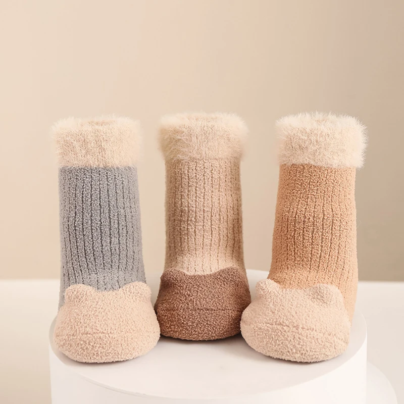 Calcetines de suelo para bebés recién nacidos, calcetines antideslizantes gruesos y cálidos con orejas pequeñas, calcetines medios sin hueso para niñas y niños de 0 a 5 años