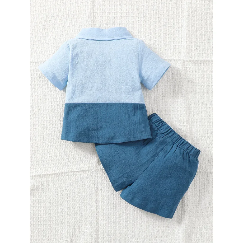 Conjunto de 2 uds de pantalones cortos de manga corta a juego de Color azul para bebé de 0 a 3 años, traje de fiesta de cumpleaños de estilo informal atractivo a la moda - imagen 5