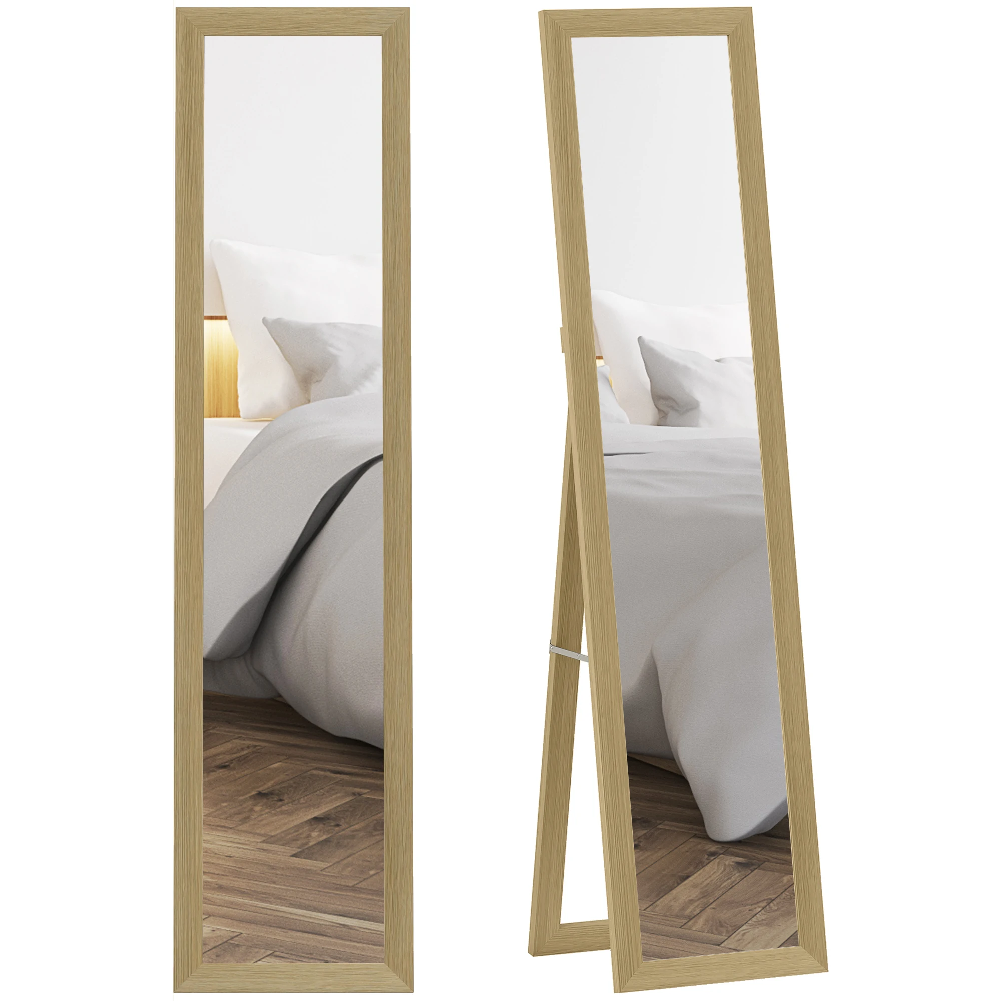 HOMCOM Espejo de Pie Cuerpo Entero 157x37 cm, Espejo de Cuerpo Entero con Soporte, 3 Formas de Uso, Independiente, Montaje Pared y Apoyado, para Salón, Entrada, Dormitorio, Roble