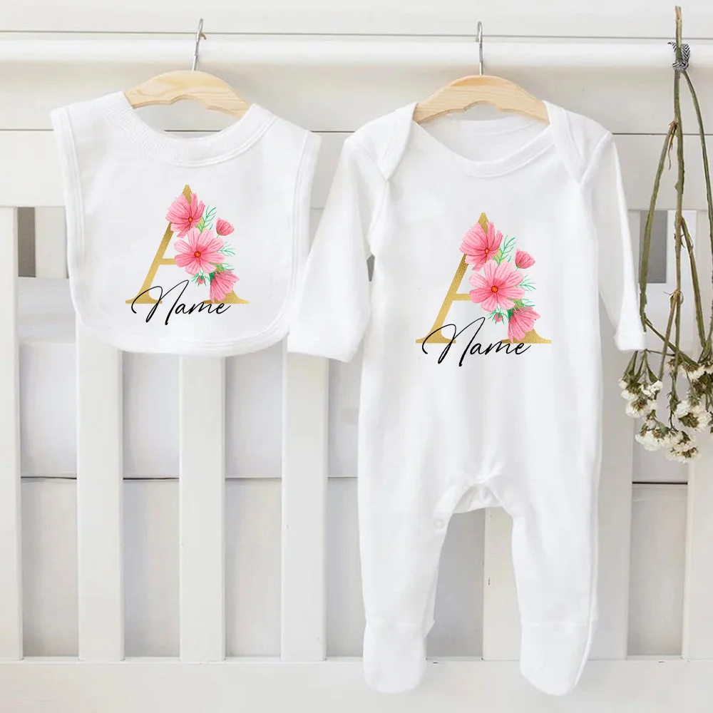Mono y babero personalizado para bebé, conjunto de pelele y babero infantil de 2 piezas para recién nacido, traje de dormir para el Hospital, regalos para Baby Shower - imagen 5