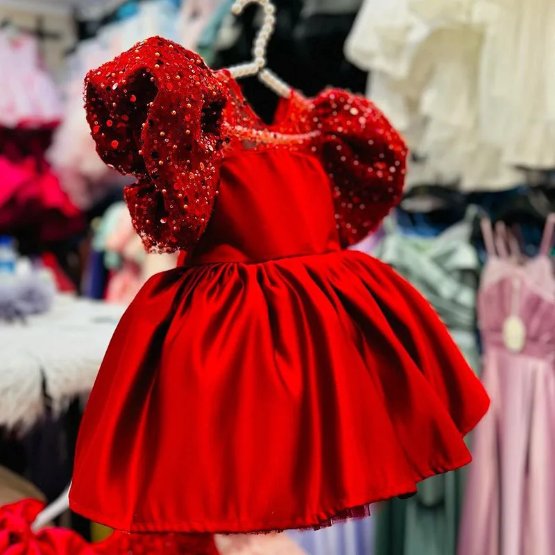 Vestido de princesa con lentejuelas de Color liso para niñas, tutú con mangas de burbuja para fiesta de 1er cumpleaños y actuación, vestido naranja para niña - imagen 4