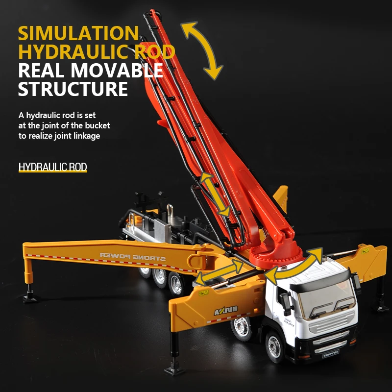 Huina-modelo 1:50 de aleación de Metal fundido a presión, bomba de hormigón, camión de juguete, grúa mezcladora, Simulación, Ingeniería de construcción, caja Original - imagen 4