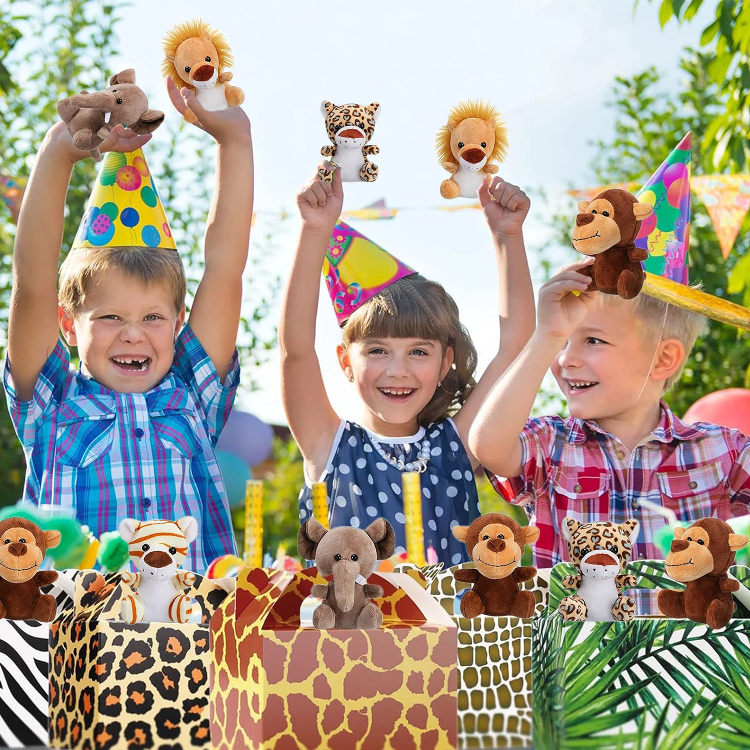 Peluches mini animales del bosque – León, Tigre, elefante y jirafa