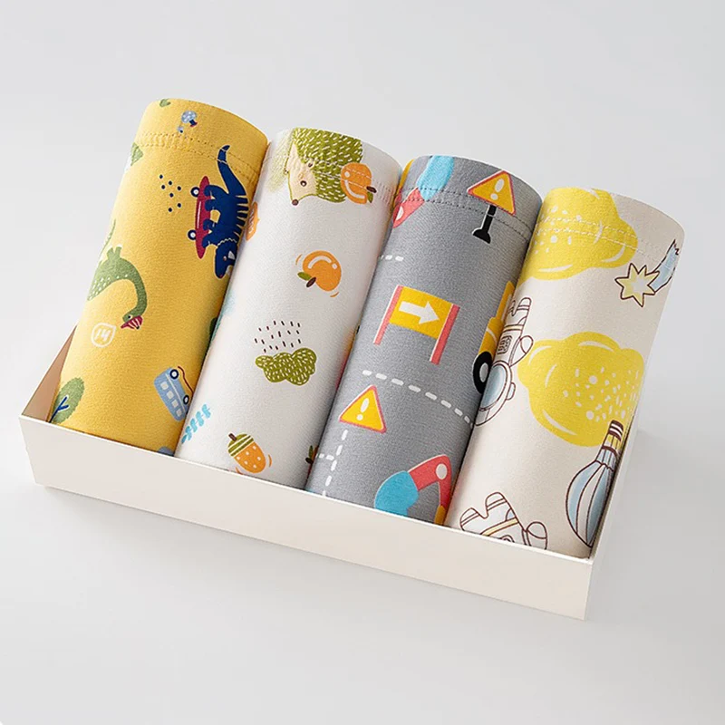 Boxers de 4 piezas para niños, ropa interior de algodón para niños, bañadores para niños respetuosos con la piel, calzoncillos Boxer con estampado de dinosaurio y erizo de dibujos animados para niños - imagen 2