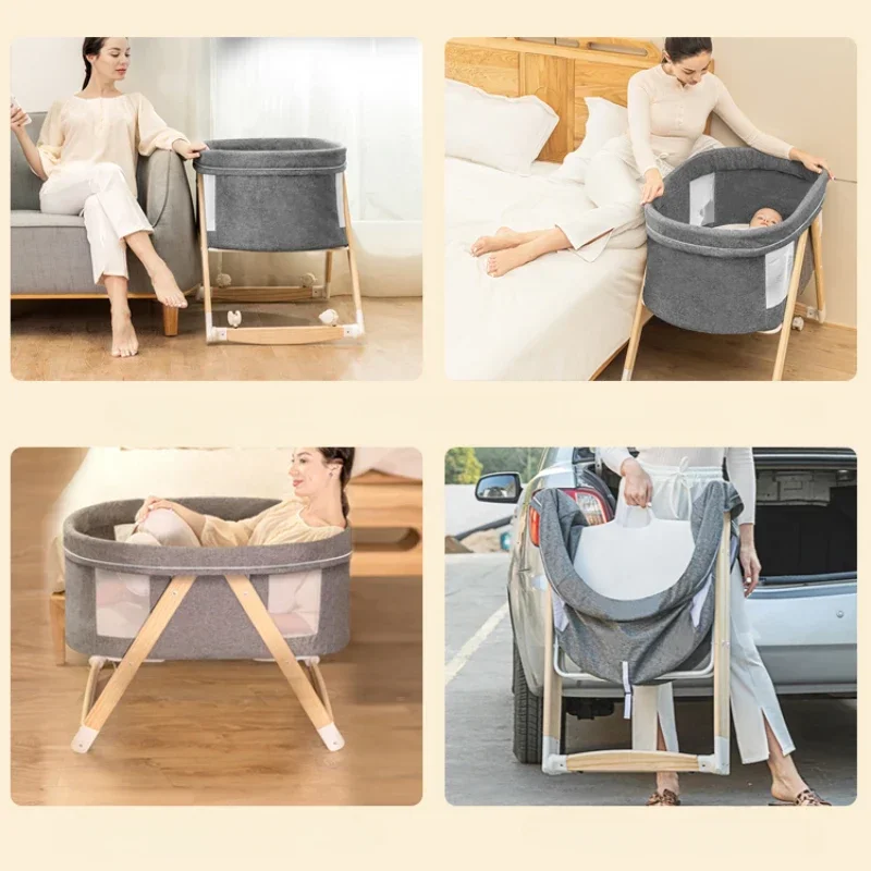Cuna de bebé móvil de madera maciza, cama portátil para recién nacido, cuna para bebé, cama mecedora doble plegable, cama mecedora relajante para bebé - imagen 4